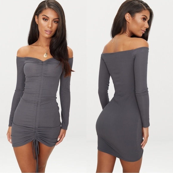 NWT PrettyLittleThing Charcoal Gray Ruched Bodycon Off Shoulder Dress Size 2 - Picture 1 of 7